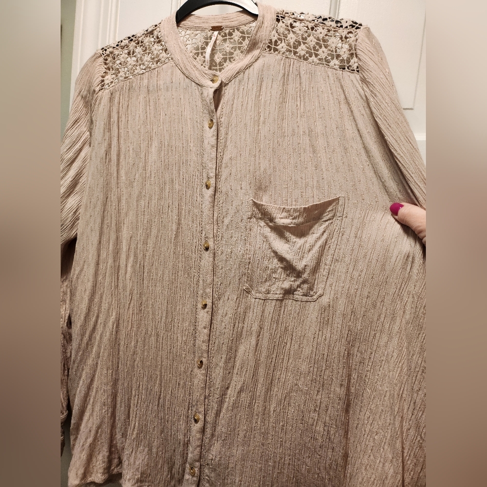 Free People Boho Lace Detailing Long Sleeve Blouse Top Women's Size Large